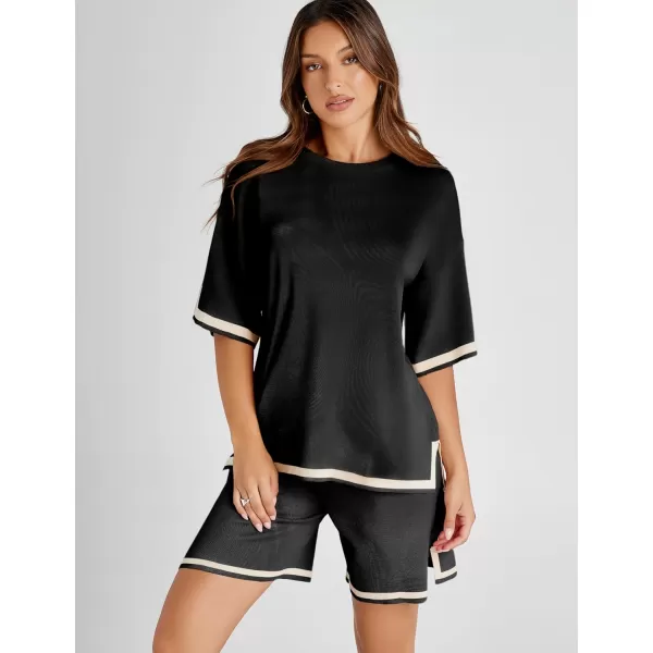 Tanming Lounge Sets for Women Summer Sweater Sets Short Sleeve Knit Tops Wide Leg Shorts
