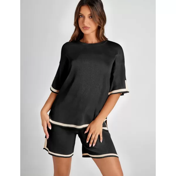 Tanming Lounge Sets for Women Summer Sweater Sets Short Sleeve Knit Tops Wide Leg Shorts