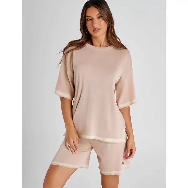Tanming Lounge Sets for Women Summer Sweater Sets Short Sleeve Knit Tops Wide Leg Shorts