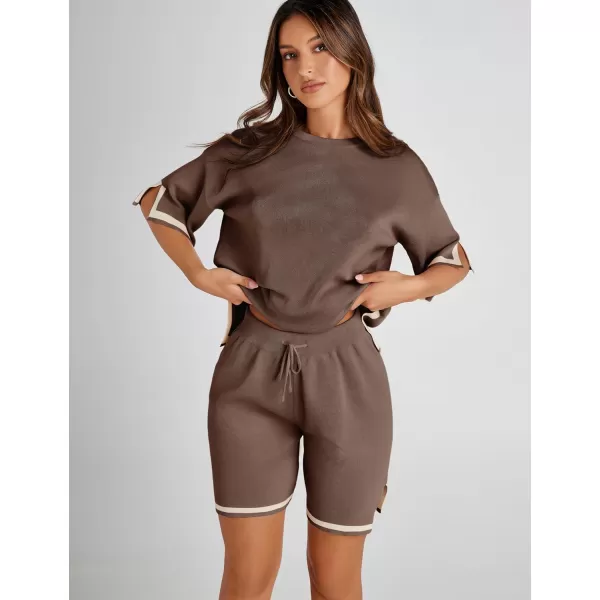 Tanming Lounge Sets for Women Summer Sweater Sets Short Sleeve Knit Tops Wide Leg Shorts
