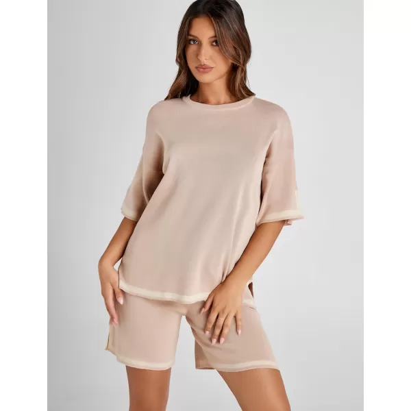 Tanming Lounge Sets for Women Summer Sweater Sets Short Sleeve Knit Tops Wide Leg Shorts