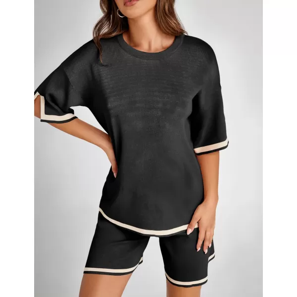 Tanming Lounge Sets for Women Summer Sweater Sets Short Sleeve Knit Tops Wide Leg Shorts