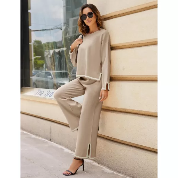 Tanming Women's 2 Piece Outfits Long Sleeve Knit Sweater Top Wide Leg Pants Lounge Sets Tracksuits