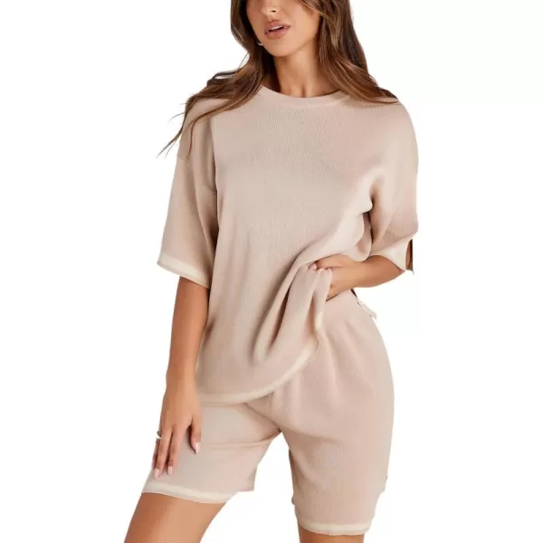 Tanming Lounge Sets for Women Summer Sweater Sets Short Sleeve Knit Tops Wide Leg Shorts