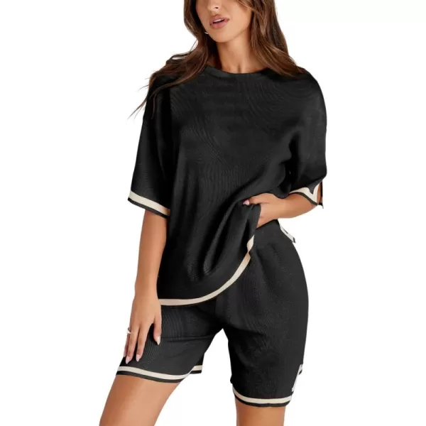 Tanming Lounge Sets for Women Summer Sweater Sets Short Sleeve Knit Tops Wide Leg Shorts