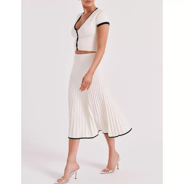 Tanming Women's Two Piece Skirt Set Casual Short Sleeve Crop Top Ribbed Knit Midi Pleated Skirt
