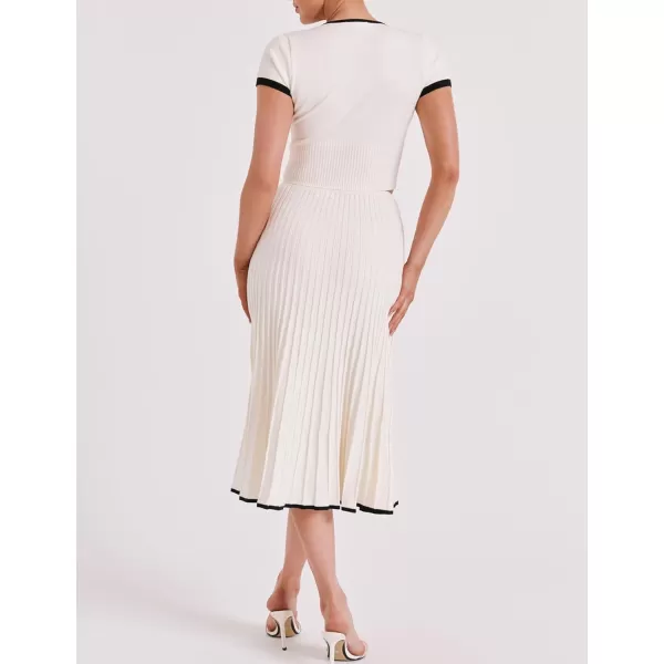 Tanming Women's Two Piece Skirt Set Casual Short Sleeve Crop Top Ribbed Knit Midi Pleated Skirt