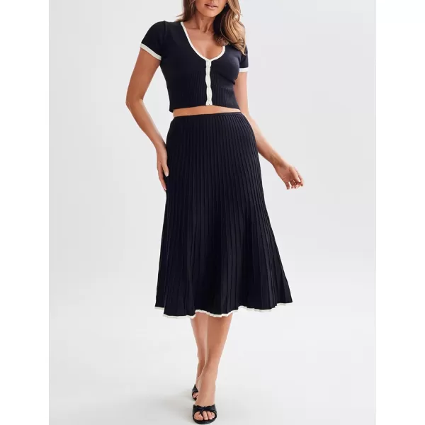 Tanming Women's Two Piece Skirt Set Casual Short Sleeve Crop Top Ribbed Knit Midi Pleated Skirt