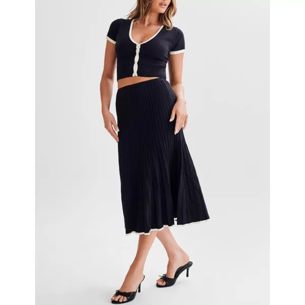 Tanming Women's Two Piece Skirt Set Casual Short Sleeve Crop Top Ribbed Knit Midi Pleated Skirt