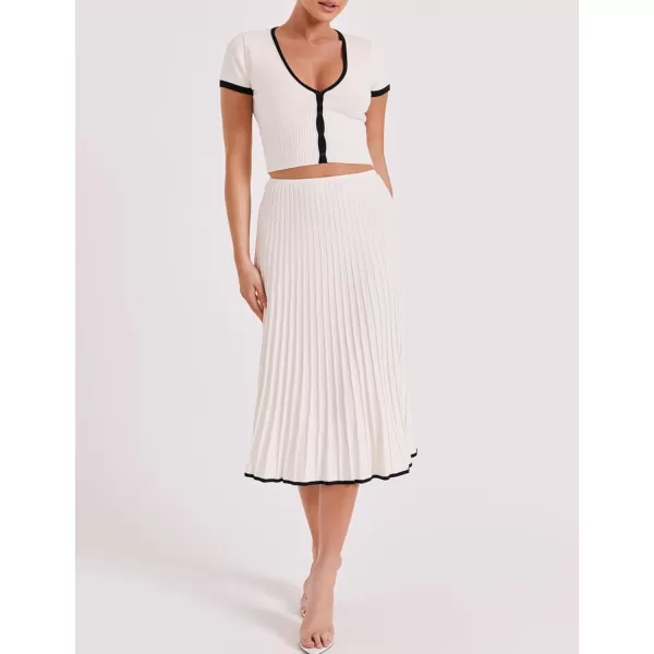 Tanming Women's Two Piece Skirt Set Casual Short Sleeve Crop Top Ribbed Knit Midi Pleated Skirt