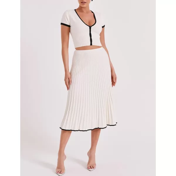 Tanming Women's Two Piece Skirt Set Casual Short Sleeve Crop Top Ribbed Knit Midi Pleated Skirt