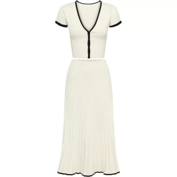 Tanming Women's Two Piece Skirt Set Casual Short Sleeve Crop Top Ribbed Knit Midi Pleated Skirt