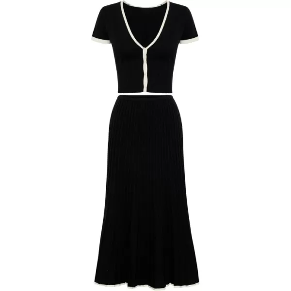 Tanming Women's Two Piece Skirt Set Casual Short Sleeve Crop Top Ribbed Knit Midi Pleated Skirt