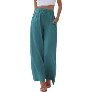 imageTanming Wide Leg Linen Pants for Women Summer Flowy High Waisted Beach Palazzo TrousersBlue