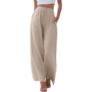 imageTanming Wide Leg Linen Pants for Women Summer Flowy High Waisted Beach Palazzo TrousersKhaki