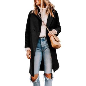 imageTanming Womens Notch Lapel Double Breasted Wool Blend Mid Long Pea Trench CoatBlack