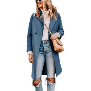 imageTanming Womens Notch Lapel Double Breasted Wool Blend Mid Long Pea Trench CoatBlue