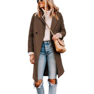 imageTanming Womens Notch Lapel Double Breasted Wool Blend Mid Long Pea Trench CoatBrown