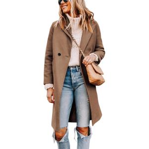 imageTanming Womens Notch Lapel Double Breasted Wool Blend Mid Long Pea Trench CoatCamel