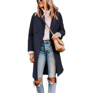 imageTanming Womens Notch Lapel Double Breasted Wool Blend Mid Long Pea Trench CoatNavy Blue