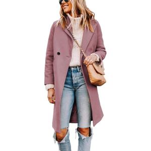 imageTanming Womens Notch Lapel Double Breasted Wool Blend Mid Long Pea Trench CoatPurple