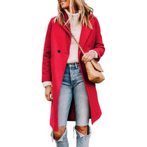 imageTanming Womens Notch Lapel Double Breasted Wool Blend Mid Long Pea Trench CoatRed