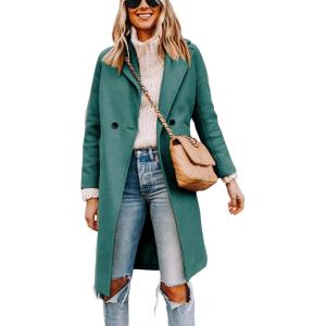 imageTanming Womens Notch Lapel Double Breasted Wool Blend Mid Long Pea Trench CoatTeal