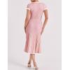 imageTanming Womens Two Piece Skirt Set Casual Short Sleeve Crop Top Ribbed Knit Midi Pleated SkirtPink