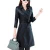 imageTanming Womens Fashion Lapel Double Breasted Lambskin Leather Mid Long Jacket CoatBlack