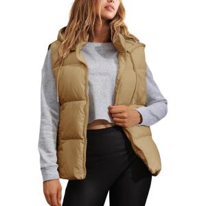 imageTanming Black Puffer Vest Women Zip Up Lightweight Sleeveless Winter Outerwear Vests with HoodKhaki