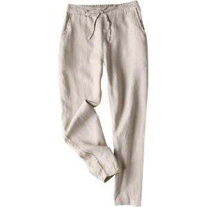 imageTanming Linen Pants for Women Summer Casual High Waisted Drawstring White Beach PantKhaki03