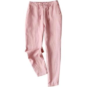 imageTanming Linen Pants for Women Summer Casual High Waisted Drawstring White Beach PantPink03