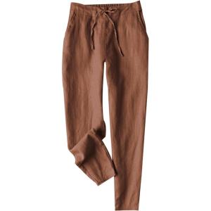 imageTanming Linen Pants for Women Summer Casual High Waisted Drawstring White Beach PantRust