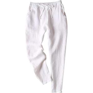 imageTanming Linen Pants for Women Summer Casual High Waisted Drawstring White Beach PantWhite