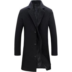 imageTanming Mens Black Trench Coat Notched Lapel Single Breasted Long Peacoat OvercoatBlack