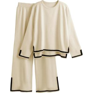 imageTanming Womens 2 Piece Outfits Long Sleeve Knit Sweater Top Wide Leg Pants Lounge Sets TracksuitsApricot