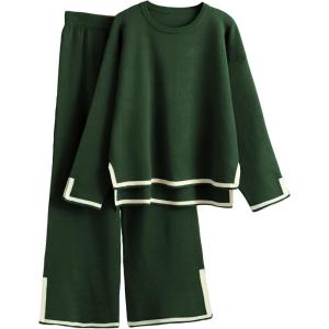 imageTanming Womens 2 Piece Outfits Long Sleeve Knit Sweater Top Wide Leg Pants Lounge Sets TracksuitsArmy Green
