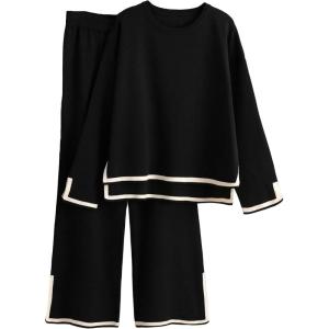 imageTanming Womens 2 Piece Outfits Long Sleeve Knit Sweater Top Wide Leg Pants Lounge Sets TracksuitsBlack