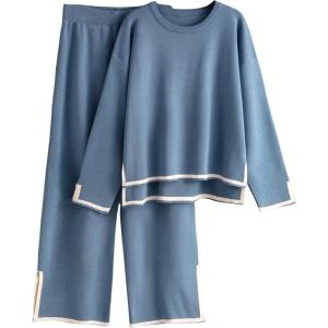 imageTanming Womens 2 Piece Outfits Long Sleeve Knit Sweater Top Wide Leg Pants Lounge Sets TracksuitsBlue