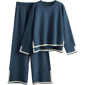 imageTanming Womens 2 Piece Outfits Long Sleeve Knit Sweater Top Wide Leg Pants Lounge Sets TracksuitsNavy