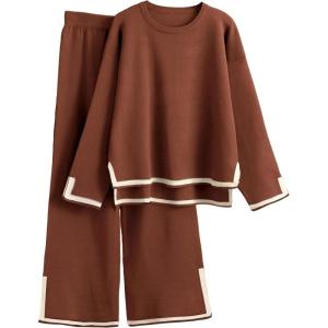 imageTanming Womens 2 Piece Outfits Long Sleeve Knit Sweater Top Wide Leg Pants Lounge Sets TracksuitsRust