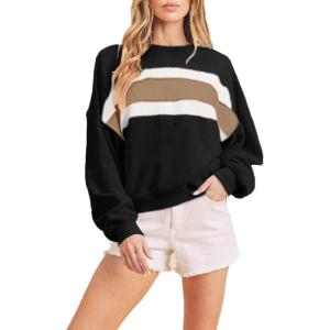 imageTanming Womens Casual Sweatshirt Crewneck Patchwork Pullover Tops Long Sleeve Color Block ShirtsBlack