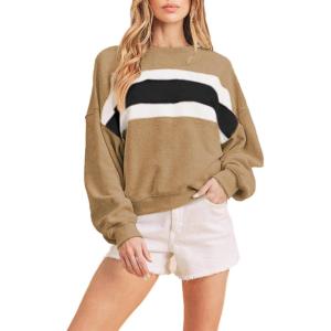 imageTanming Womens Casual Sweatshirt Crewneck Patchwork Pullover Tops Long Sleeve Color Block ShirtsKhaki