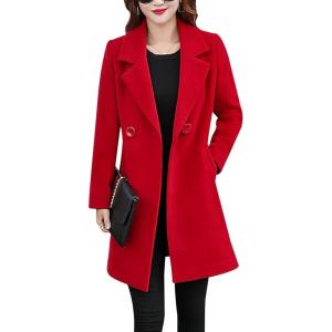 imageTanming Womens Elegant Notched Collar Button Wool Blend Solid Long Pea Coat OvercoatRed