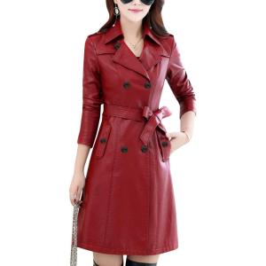 imageTanming Womens Fashion Lapel Double Breasted Lambskin Leather Mid Long Jacket CoatWine Red