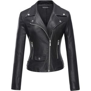 imageTanming Womens Faux Leather Moto Biker Short Coat JacketA Black