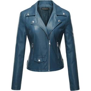 imageTanming Womens Faux Leather Moto Biker Short Coat JacketA Blue