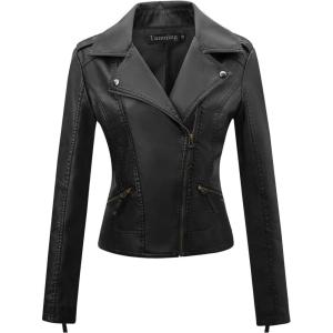 imageTanming Womens Faux Leather Moto Biker Short Coat JacketB Black10