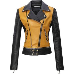 imageTanming Womens Faux Leather Moto Biker Short Coat JacketC Yellow14