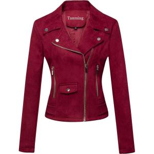 imageTanming Womens Faux Leather Moto Biker Short Coat JacketH Suedewinered